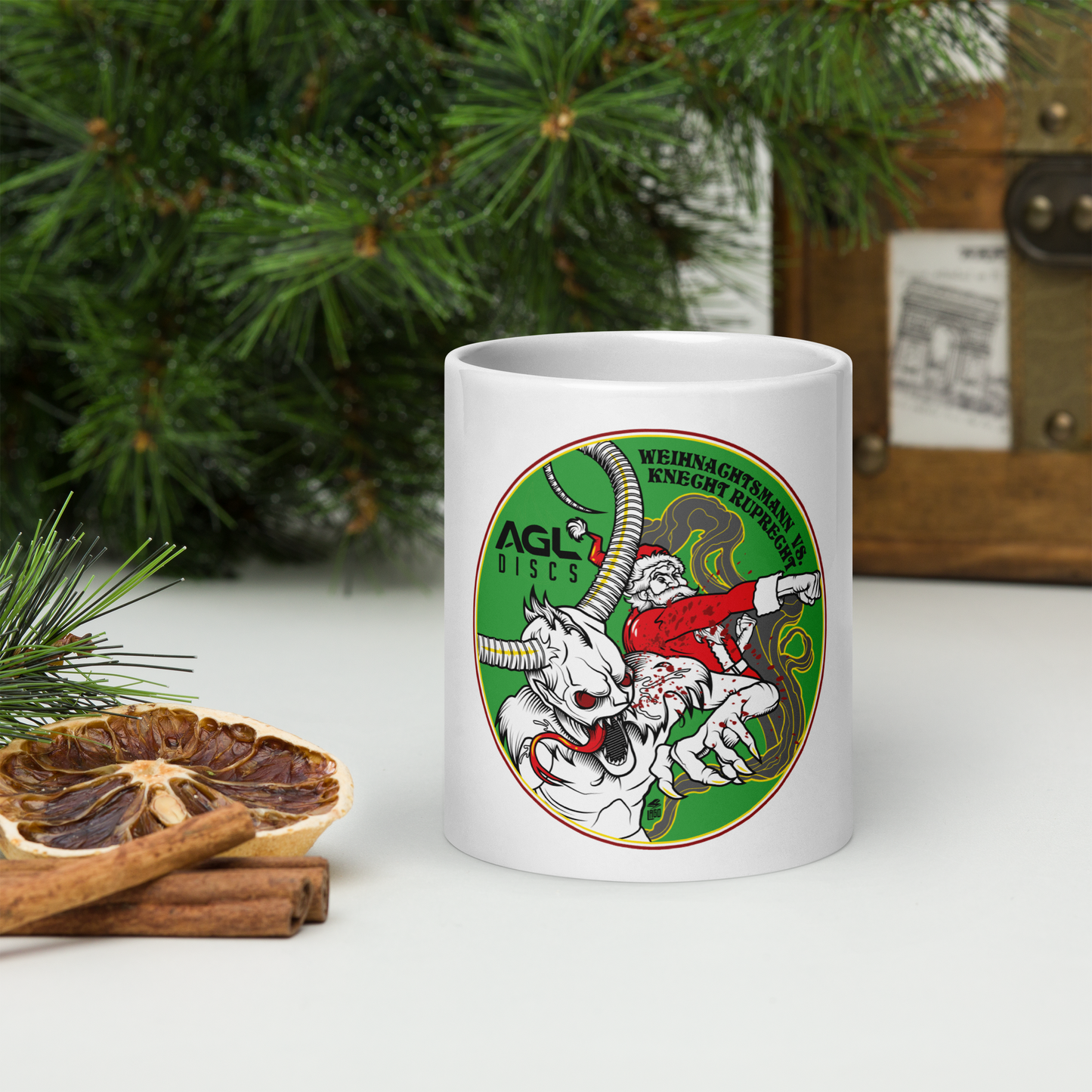 AGL Discs - Father Time Versus Krampus White glossy mug